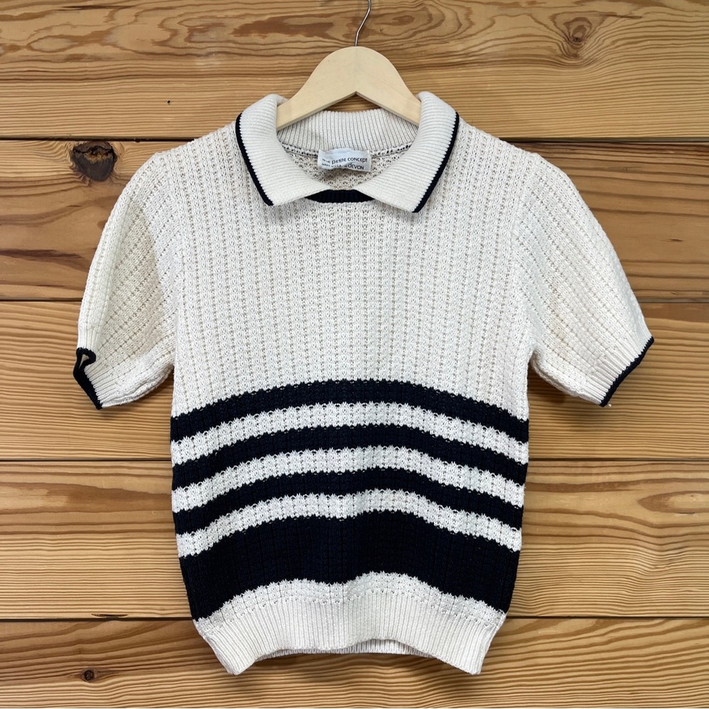 The Petite Concept by Devon Vtg Sweater Small White Blue Collared Nautical B80